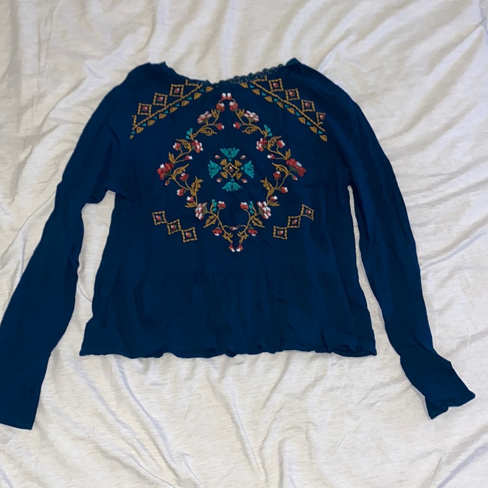 Turquoise long sleeve embroidered top
